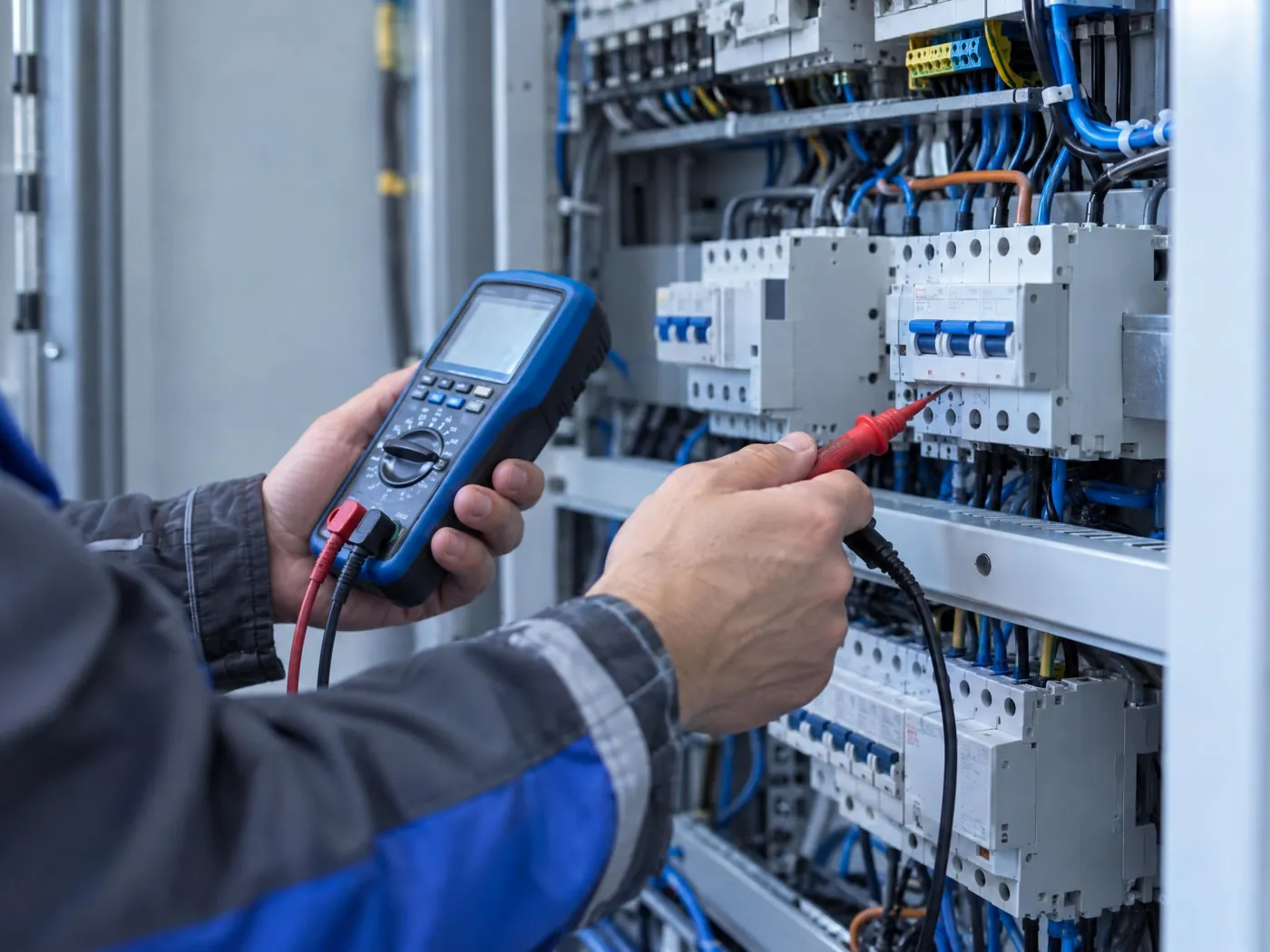 Elektrotechnik měří revizním přístrojem v rozvaděči