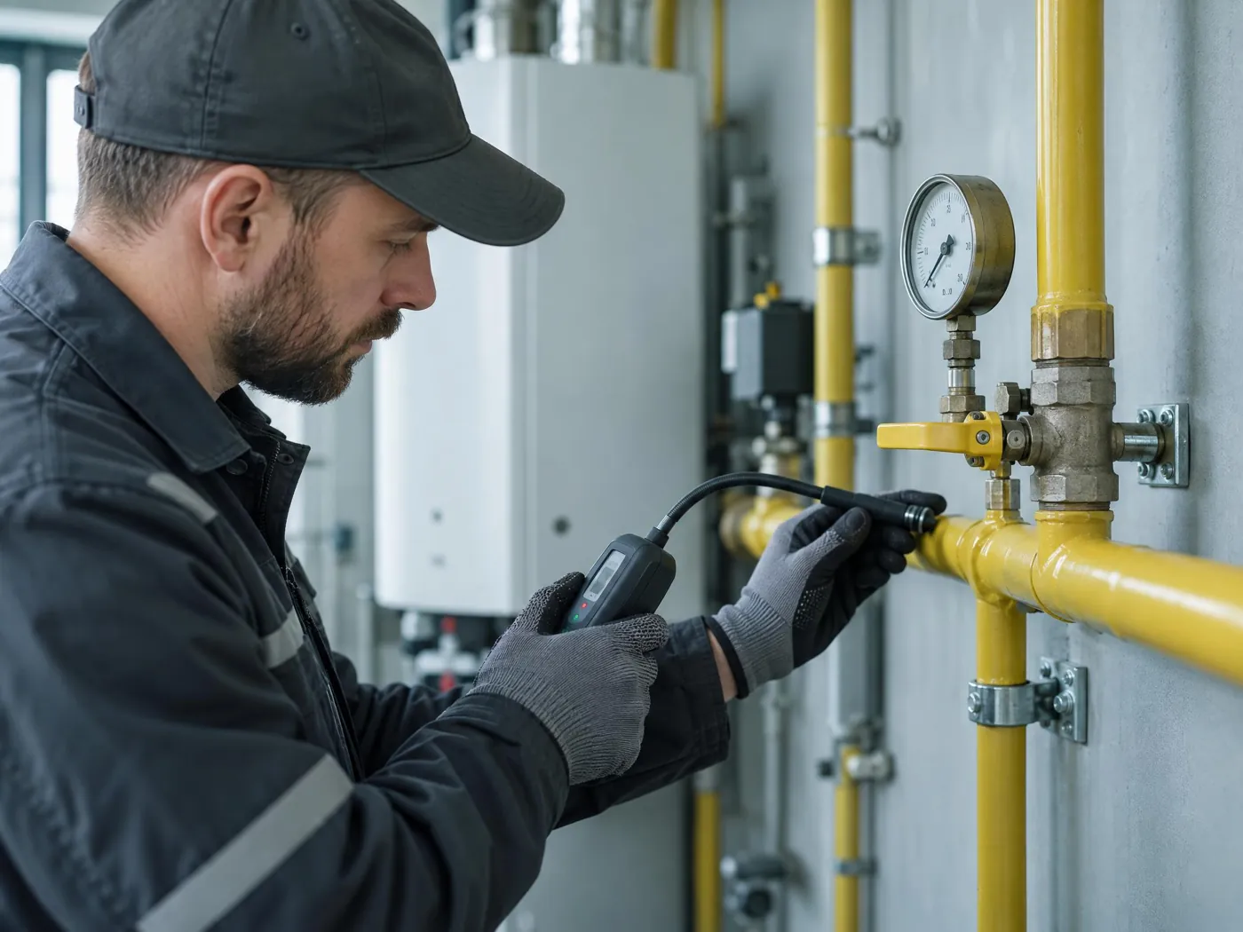 Technik kontroluje plynové potrubí s manometrem
